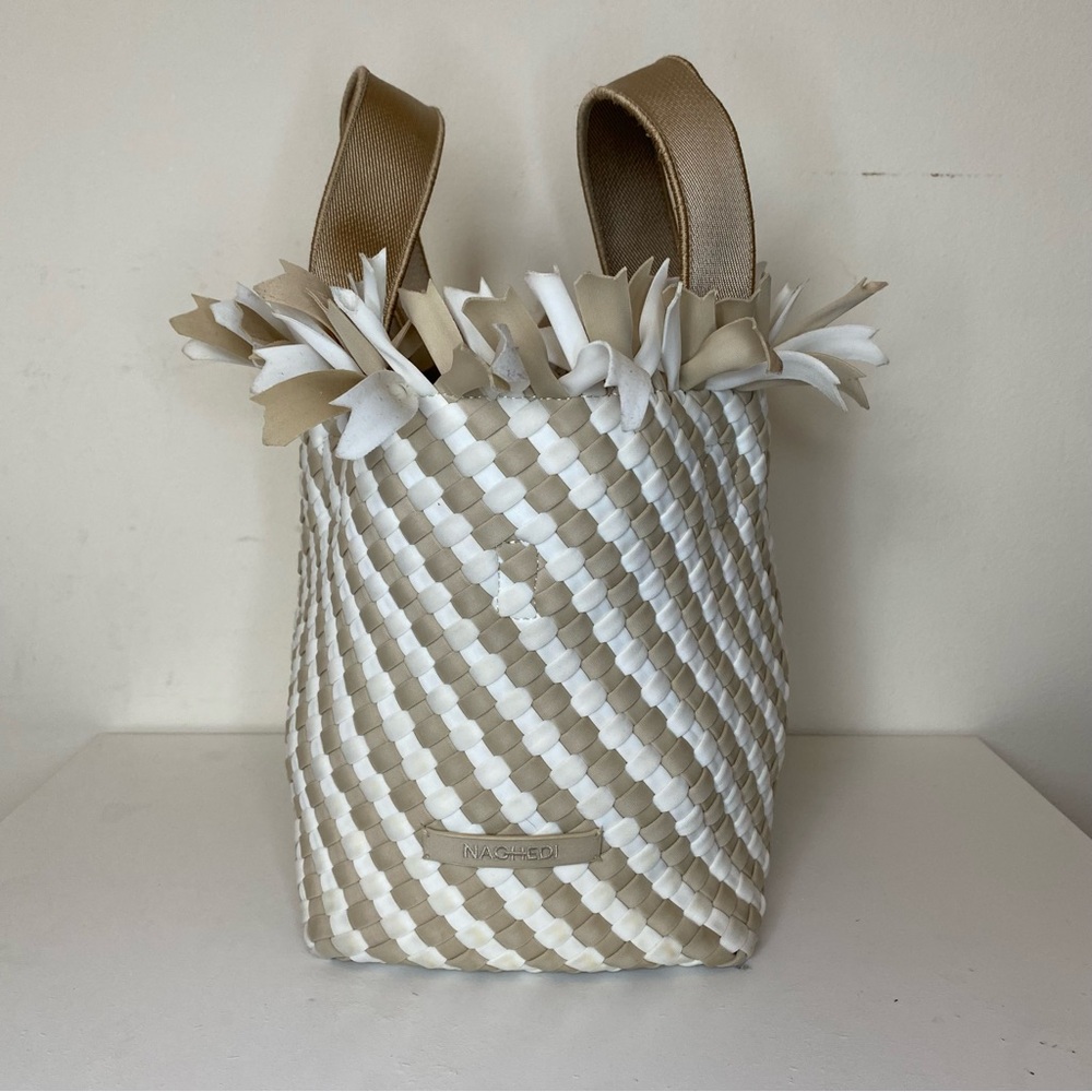 NAGHEDI Havana Small Woven Neoprene Tote Fringe Crossbody Striped Almaza Tan - Picture 5 of 15